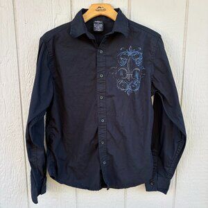 MMA Elite L/S Button Up Shirt Mens Small Black Blue Bruised Never Beaten Graphic